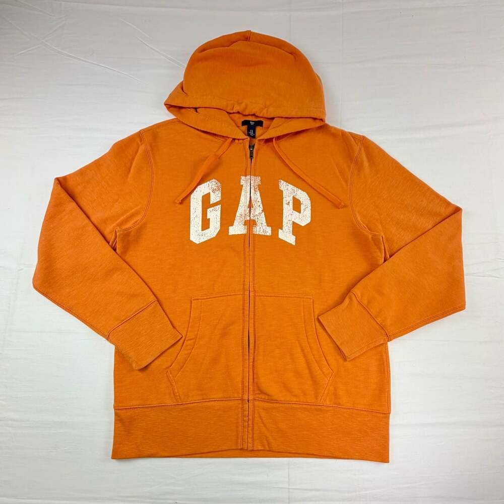Gap Logo Orange Distressed Print Style Zip Up Hoodie Size M